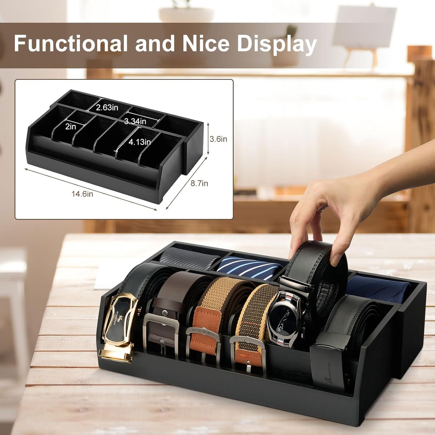 Wooden Belt & Tie Organizer Box | 10 Compartments