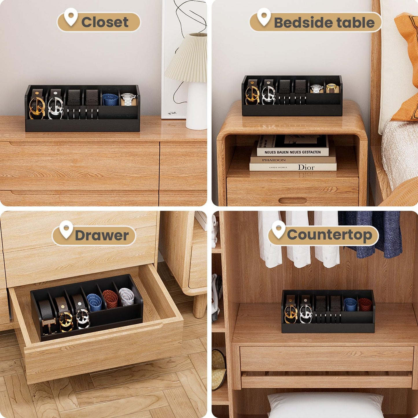 Premium Bamboo Belt Organizer Box | 6 Compartments
