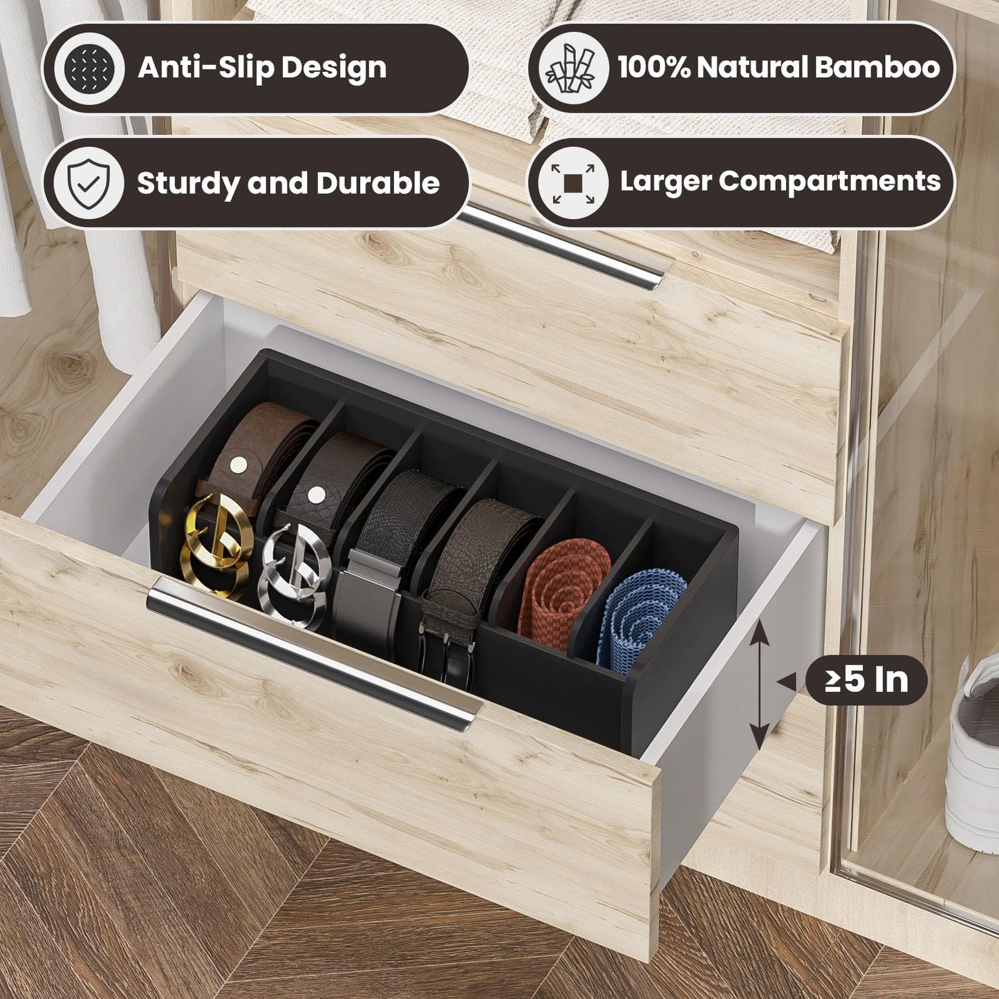 Premium Bamboo Belt Organizer Box | 6 Compartments
