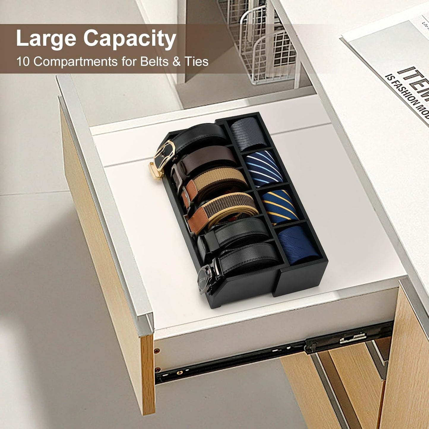 Wooden Belt & Tie Organizer Box | 10 Compartments