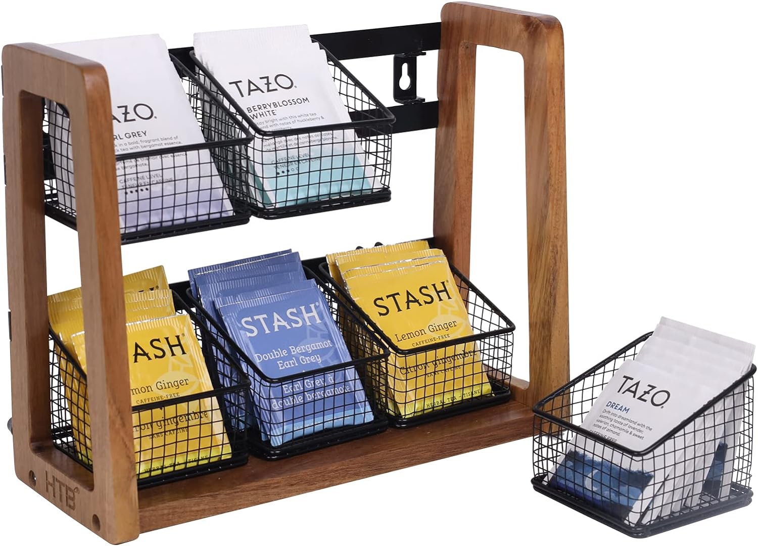 Acacia 2 Tier Tea Organizer for Tea Bags with 6 Removable Metal Basket for Sugar Packets, Sweeteners, Creamers