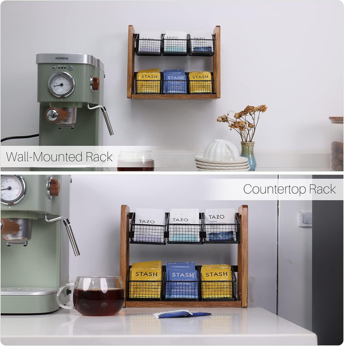 Acacia 2 Tier Tea Organizer for Tea Bags with 6 Removable Metal Basket for Sugar Packets, Sweeteners, Creamers