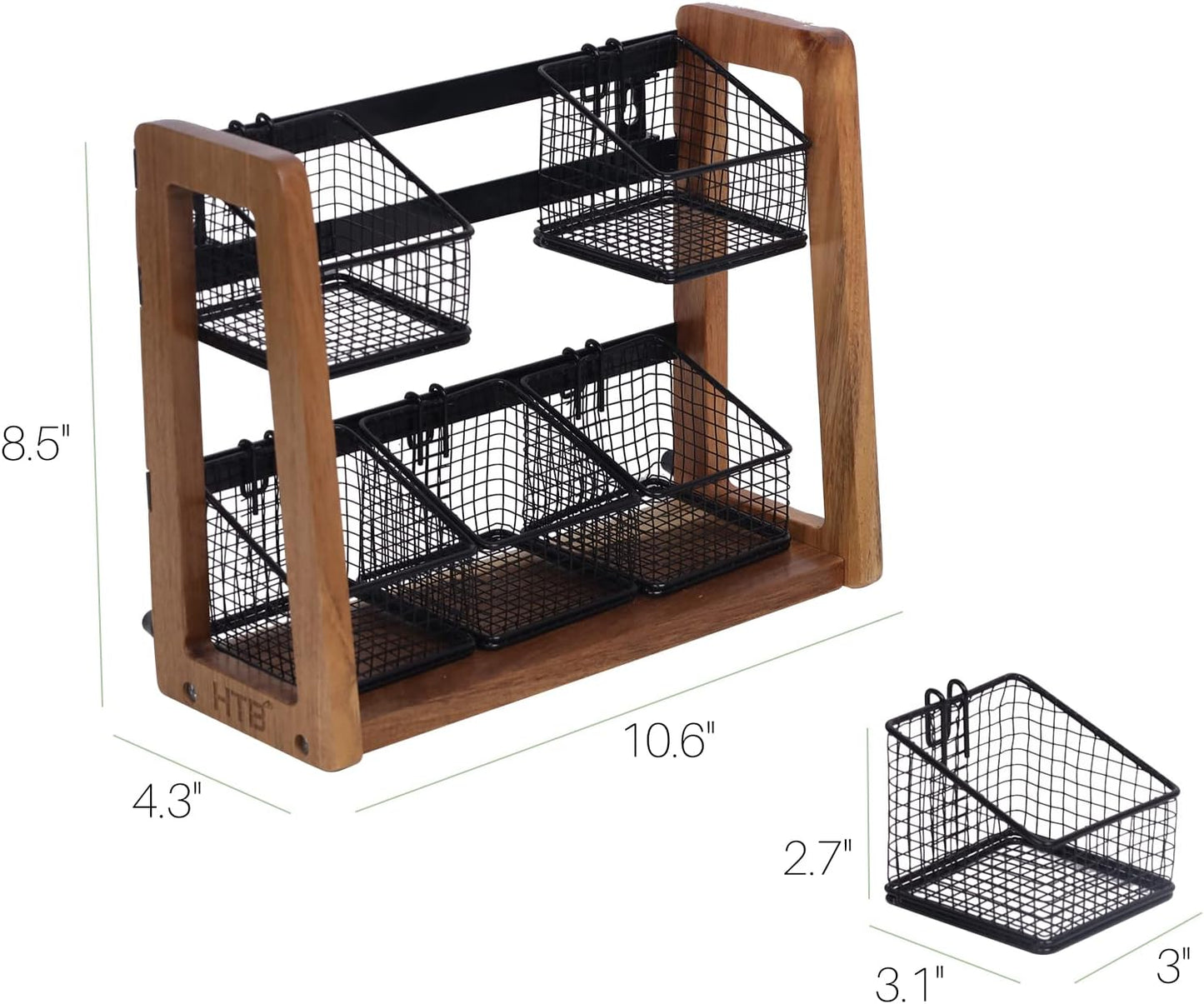 Acacia 2 Tier Tea Organizer for Tea Bags with 6 Removable Metal Basket for Sugar Packets, Sweeteners, Creamers