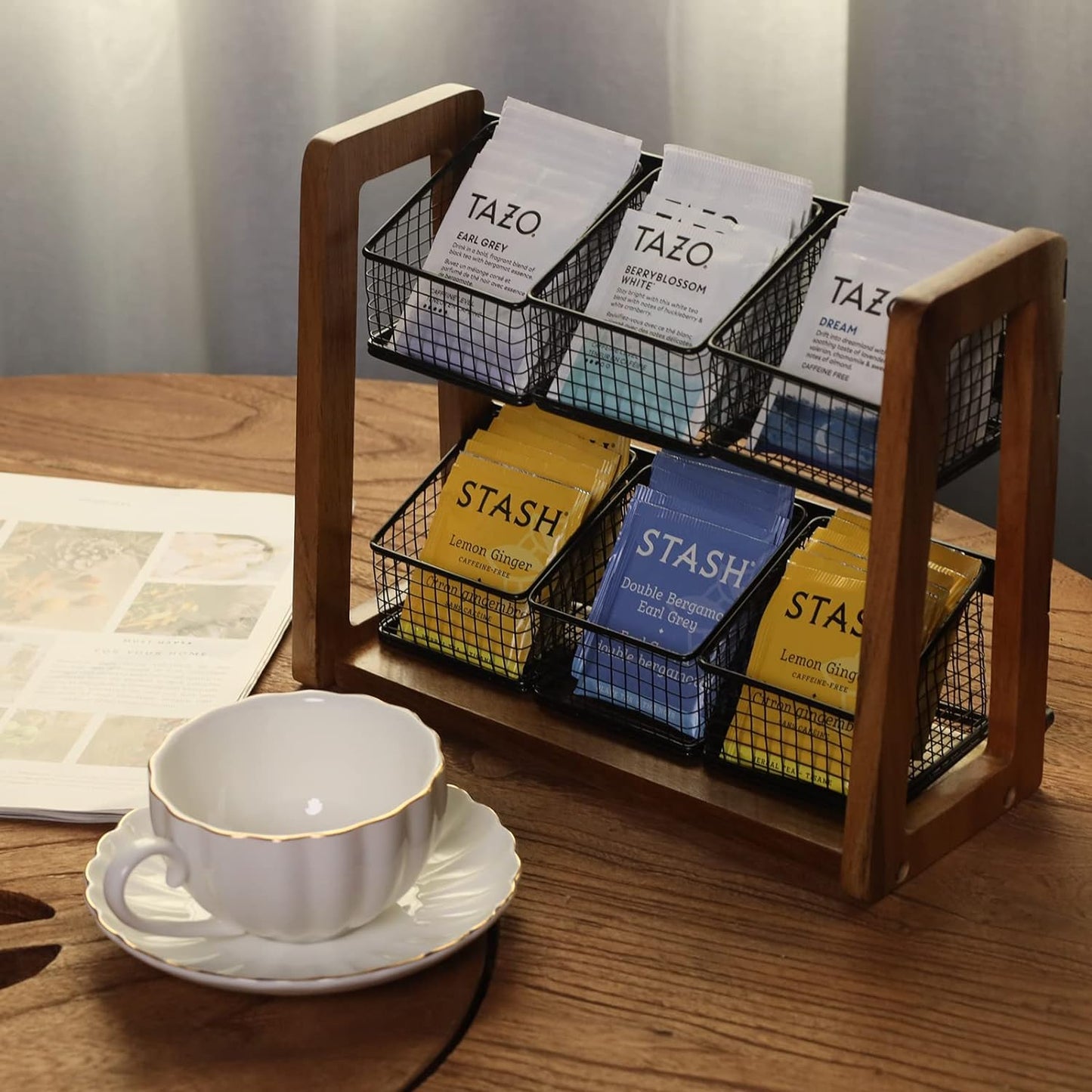 Acacia 2 Tier Tea Organizer for Tea Bags with 6 Removable Metal Basket for Sugar Packets, Sweeteners, Creamers