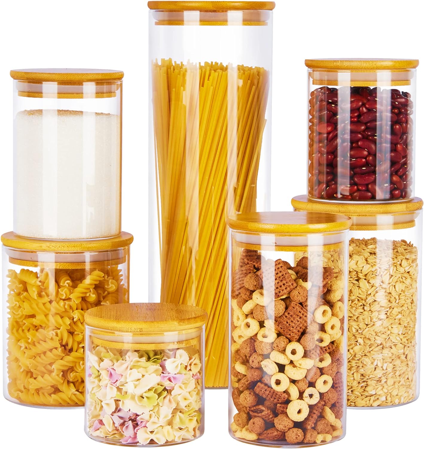 7 Pack Glass with Bamboo Lids Food Containers for Pasta, Cookies, Nuts, Coffee Beans, Cereal, Glass Canisters for Pantry Organization