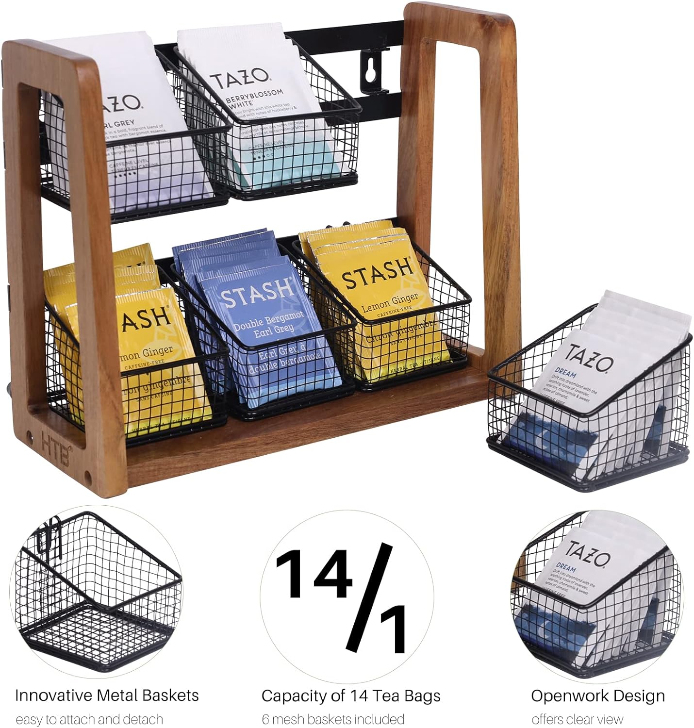 Acacia 2 Tier Tea Organizer for Tea Bags with 6 Removable Metal Basket for Sugar Packets, Sweeteners, Creamers