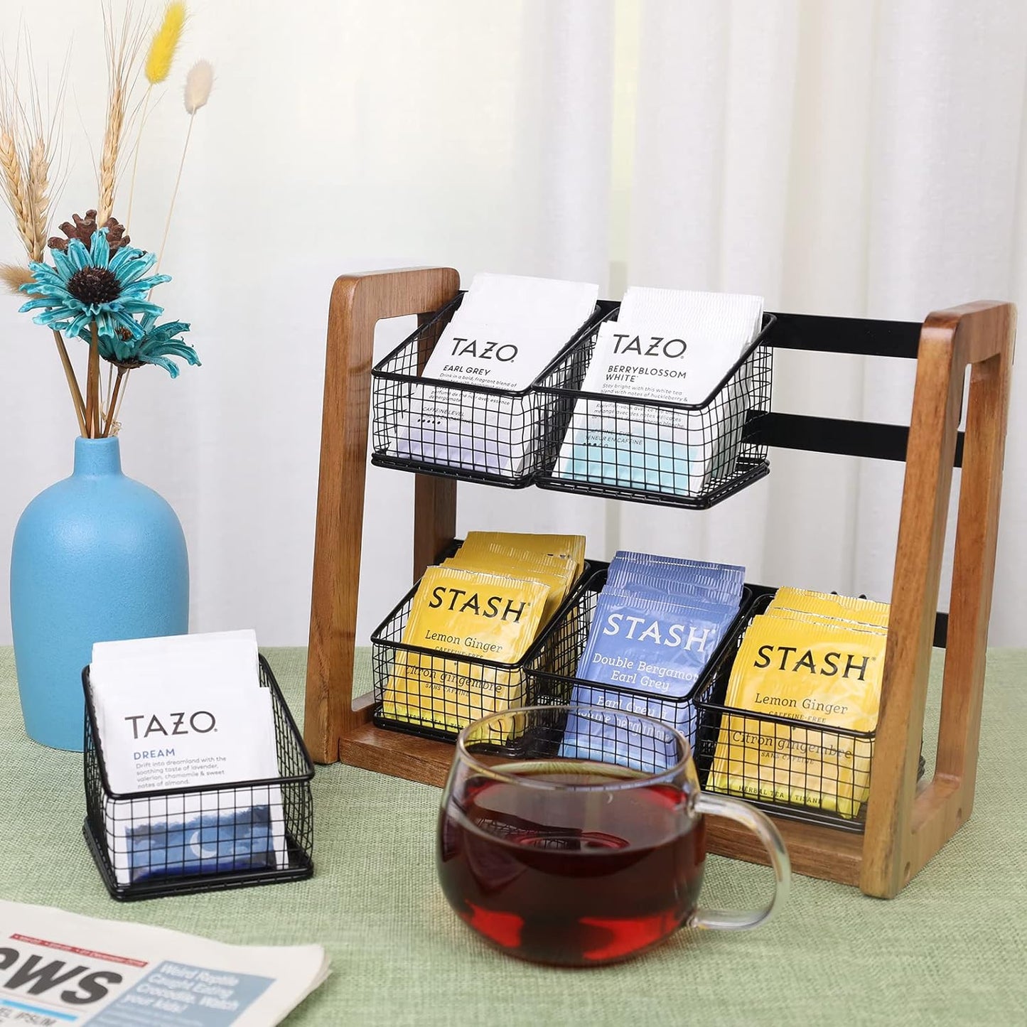 Acacia 2 Tier Tea Organizer for Tea Bags with 6 Removable Metal Basket for Sugar Packets, Sweeteners, Creamers